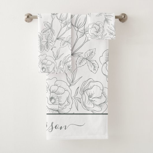 Elegantes, florales, botanisches, graues Monogramm Badhandtuch Set (Insitu)