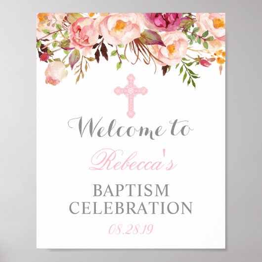 Elegantes florales Christening Taufen Willkommensz Poster (Vorne)
