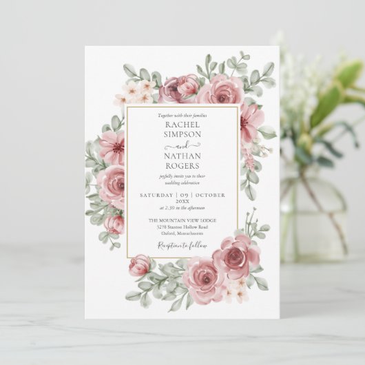 Elegantes florales Dusty Rose Gold Wedding Foto Einladung (Stehend Vorderseite)