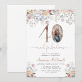 Elegantes florales Foto 40. Geburtstag Einladung (Vorne/Hinten)