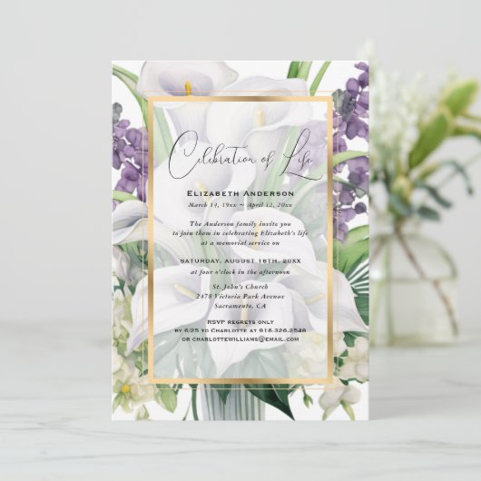 Elegantes florales Foto Feier des Lebens Einladung (Stehend Vorderseite)