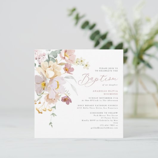 Elegantes florales Foto Taufen Einladung (Stehend Vorderseite)