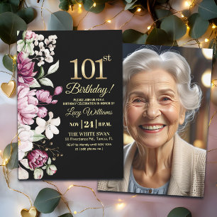Elegantes florales Gold 101 Geburtstagsfoto Einladung