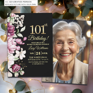 Elegantes florales Gold 101 Geburtstagsfoto Einladung