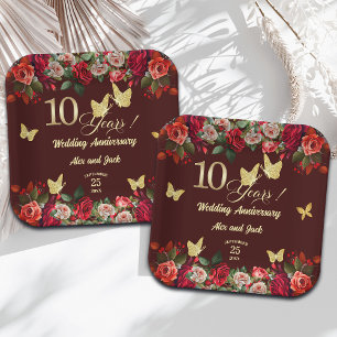 Elegantes Florales Gold 10. Hochzeitsjubiläum Pappteller