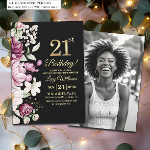 Elegantes Florales Gold 21 Geburtstagsfoto Einladung