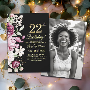 Elegantes Florales Gold 22 Geburtstagsfoto Einladung