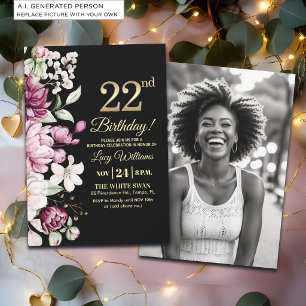 Elegantes Florales Gold 22 Geburtstagsfoto Einladung