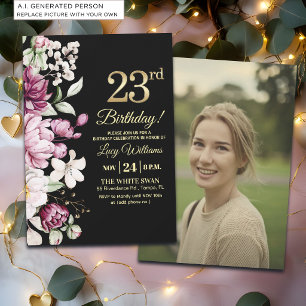 Elegantes Florales Gold 23 Geburtstagsfoto Einladung