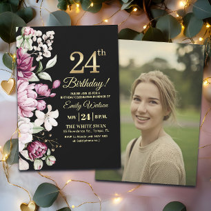 Elegantes Florales Gold 24 Geburtstagsfoto Einladung