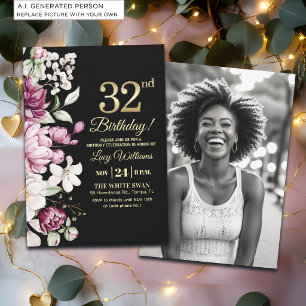 Elegantes Florales Gold 32 Geburtstagsfoto Einladung