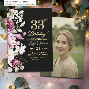 Elegantes florales Gold 33 Geburtstagsfoto Einladung