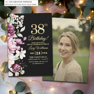 Elegantes Florales Gold 38 Geburtstagsfoto Einladung