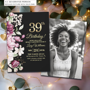 Elegantes Florales Gold 39 Geburtstagsfoto Einladung
