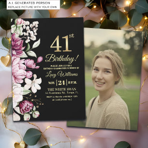 Elegantes Florales Gold 41 Geburtstagsfoto Einladung