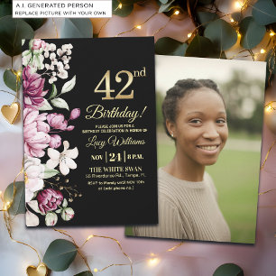 Elegantes Florales Gold 42 Geburtstagsfoto Einladung