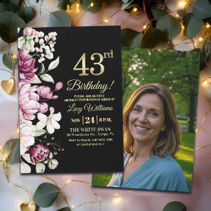 Elegantes Florales Gold 43 Geburtstagsfoto Einladung