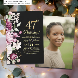 Elegantes Florales Gold 47 Geburtstagsfoto Einladung