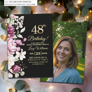 Elegantes Florales Gold 48 Geburtstagsfoto Einladung