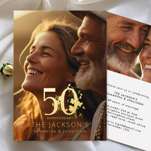 Elegantes Florales Gold 50. Foto-Hochzeitsjubiläum Folieneinladung