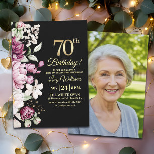 Elegantes florales Gold 70 Geburtstagsfoto Einladung