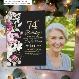 Elegantes Florales Gold 74 Geburtstagsfoto Einladung