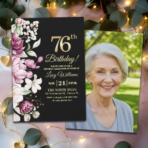 Elegantes Florales Gold 76 Geburtstagsfoto Einladung