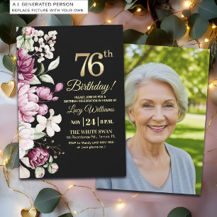 Elegantes Florales Gold 76 Geburtstagsfoto Einladung