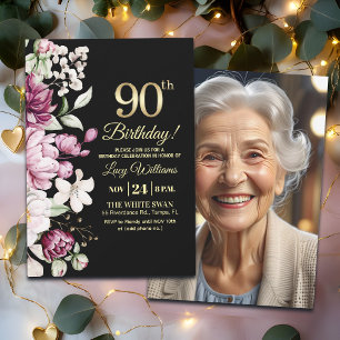 Elegantes Florales Gold 90 Geburtstagsfoto Einladung