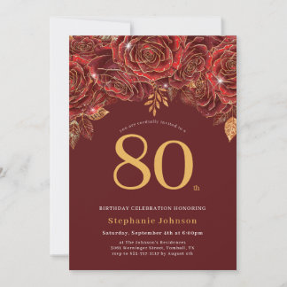 Elegantes Florales Gold Burgund 80. Geburtstag Einladung
