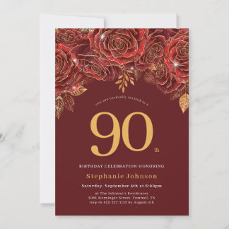 Elegantes Florales Gold Burgund 90. Geburtstag Einladung