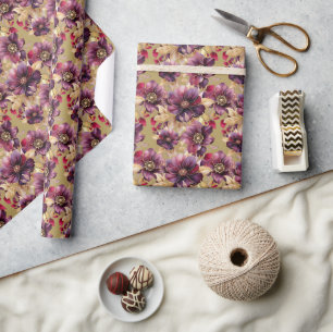Elegantes, florales Gold Burgund Lila Antique Gold Geschenkpapier