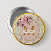 Elegantes florales goldenes Monogramm | Name & Ini Button (Vorne & Hinten)