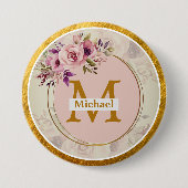 Elegantes florales goldenes Monogramm | Name & Ini Button (Vorderseite)