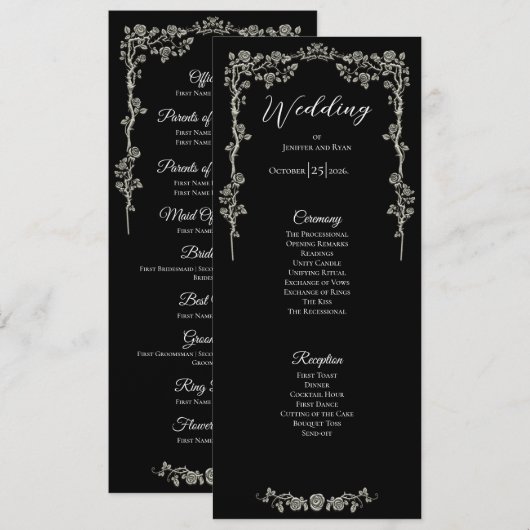 Elegantes florales gotisches Hochzeitsprogramm Menükarte (Vorne/Hinten)