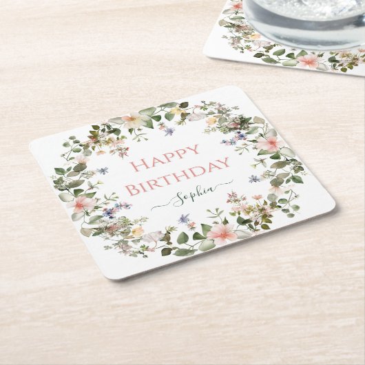 Elegantes florales Happy Birthday - Personalisiert Rechteckiger Pappuntersetzer (angewinkelt)