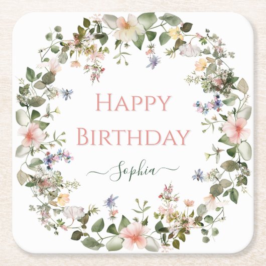Elegantes florales Happy Birthday - Personalisiert Rechteckiger Pappuntersetzer (Vorderseite)