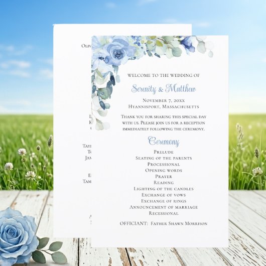 Elegantes florales Hochzeitsprogramm Blaue Aquarel