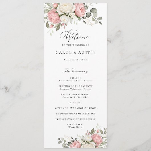 Elegantes Florales Hochzeitsprogramm Rosa Grün Programm (Vorderseite)