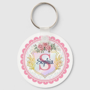 Elegantes florales Initial- und Namensmonogramm Schlüsselanhänger