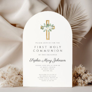 Elegantes florales Kreuz Mädchen Erste heilige Kom Einladung