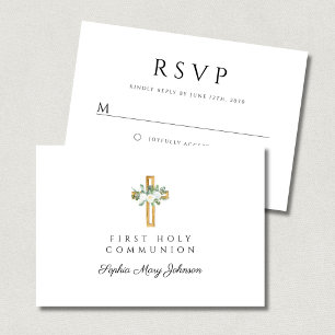 Elegantes florales Kreuz Mädchen Erste heilige Kom RSVP Karte