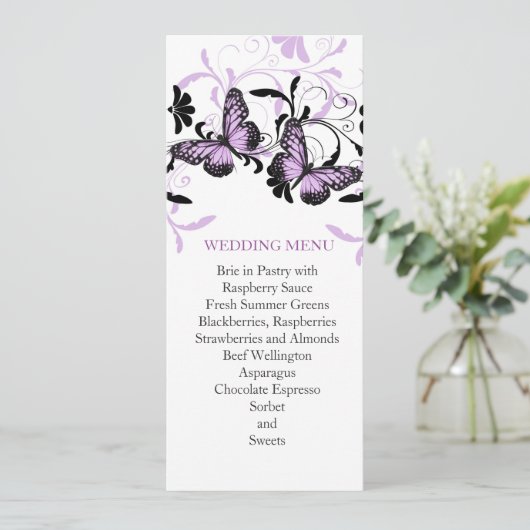 Elegantes florales Lavendel Butterfly-Hochzeitsmen Menükarte (Stehend Vorderseite)