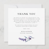 Elegantes florales Lavendel Wedding Square Foto Dankeskarte (Rückseite)