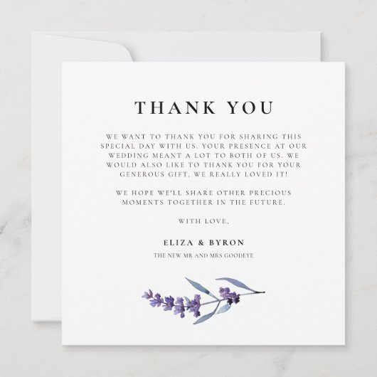 Elegantes florales Lavendel Wedding Square Foto Dankeskarte (Rückseite)