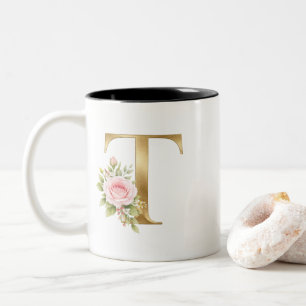 Elegantes florales Letter T Monogramm-Logo Zweifarbige Tasse