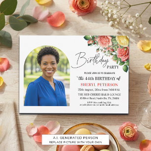 Elegantes Florales mit Foto zum 44. Geburtstag Einladung