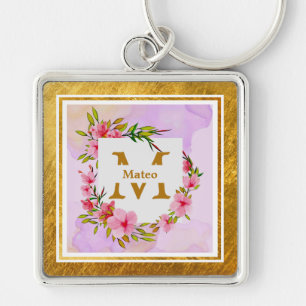 Elegantes florales Monogramm I Name & Initiale Schlüsselanhänger