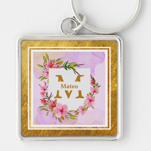 Elegantes florales Monogramm I Name & Initiale Schlüsselanhänger (Vorne)
