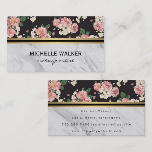 Elegantes florales Muster Gold Metallic Trim Marmo Visitenkarte (Vorne/Hinten)